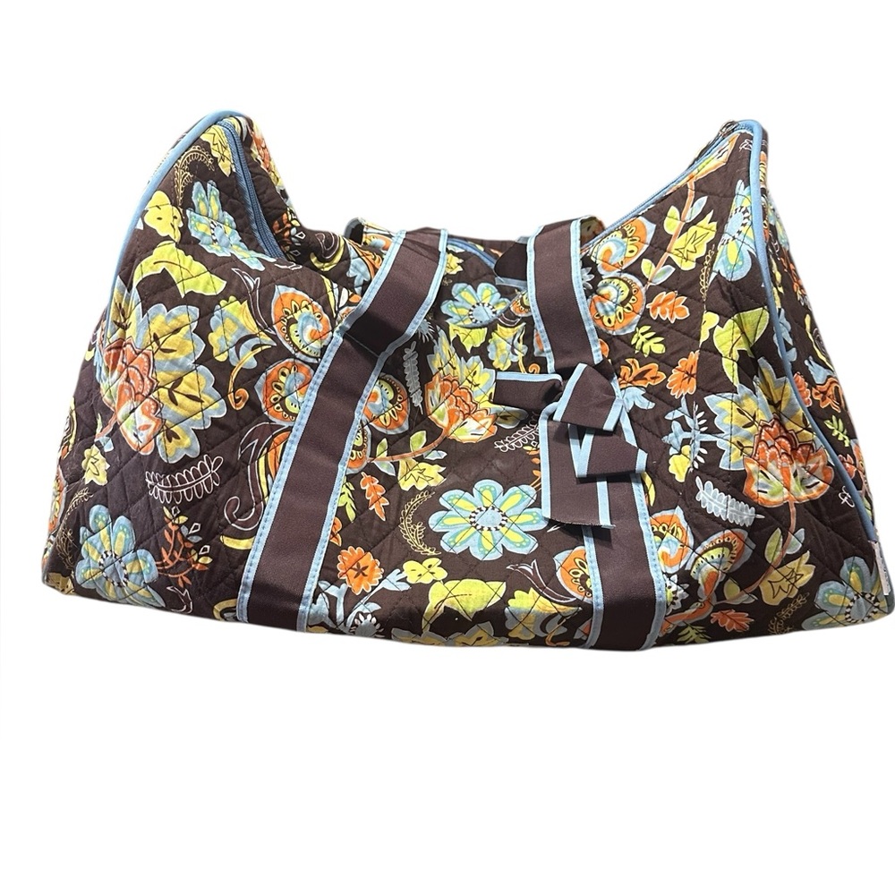 Belvah Brown and Blue Floral Printed Fabric Duffle Bag